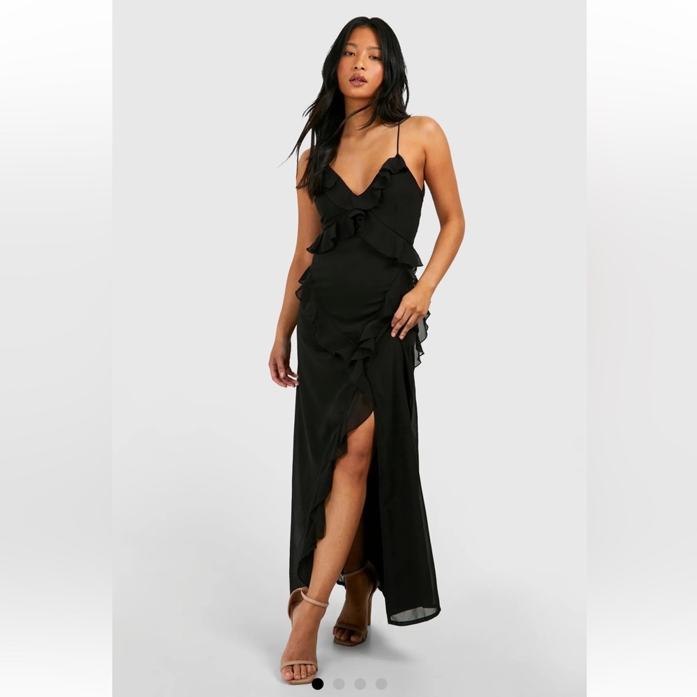 Boohoo Petite Chiffon Ruffle Maxi Dress Black